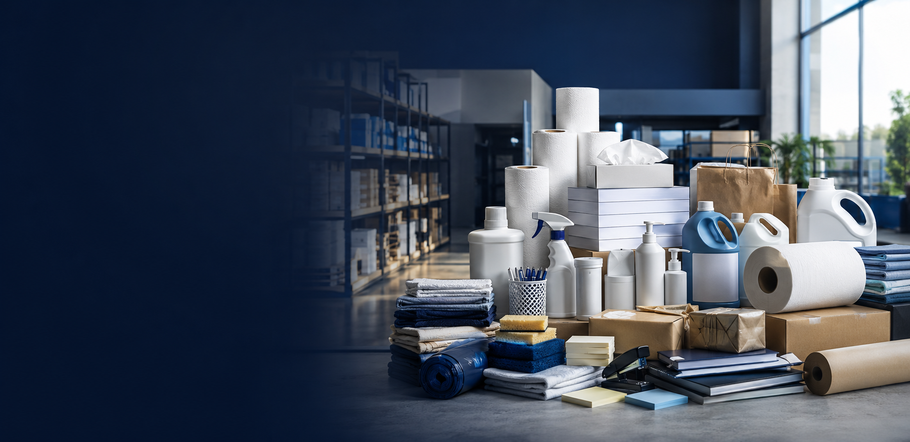Seleção de produtos dos segmentos de papéis, limpeza, higiene, cuidados pessoais e papelaria